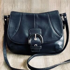 COACH, Vintage Soho Blk Soft Leather Saddle Crossbody Bag w Magnetic Buckle Flap